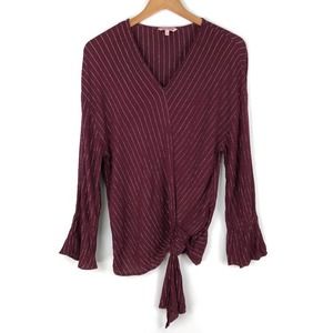Juicy Couture Faux Wrap Blouse Burgundy V Neck Tie Hem Long Sleeve Top L